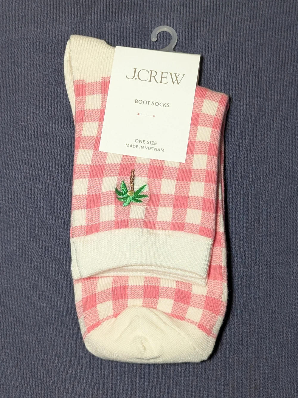 NWT J. Crew Embroidered Palm Tree Gingham Boot Socks One Size (Pink White)